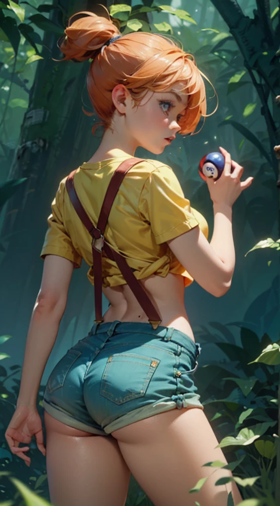 ((Misty)), (best qualityer), (great lighting), (Masterpiece artwork), (upper details), (whole body), (fully body), back shot of 1 beautiful girl, スクワッティング,  (short orange hair tied to the side), blue colored eyes, (body skinny), breasts small, big-ass, anal beads, beads in anal, small yellow shirt, (shirt too small), (red suspenders falling over the shoulder), very short denim shorts, (part of the butt visible), (pokeball) in anal,forest background, (fine strokes), cinematic, 