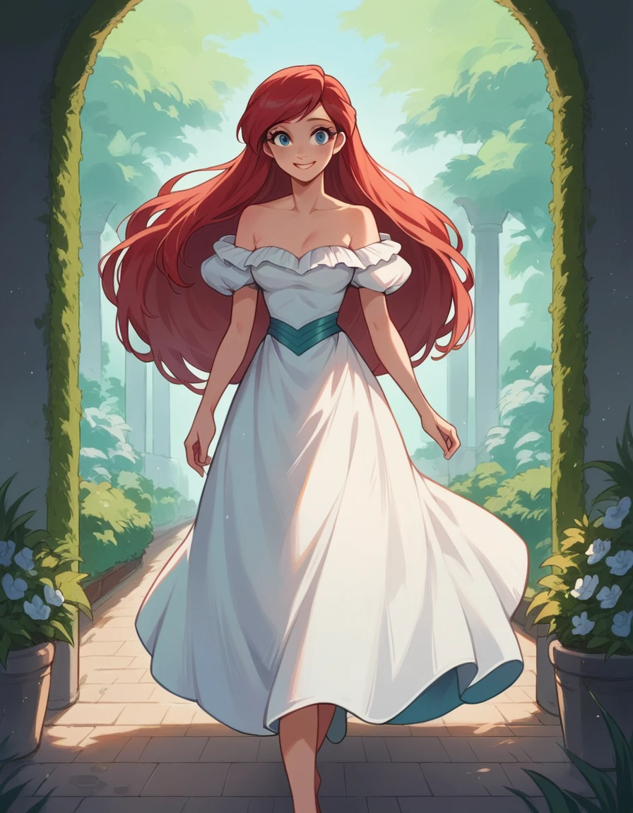 score_9_presence, score_8_up, Ariel, long red hair, blue eyes, smile, looking at viewers, walking in the garden, a white ruffle off the shoulder maxi dress, being beautiful 