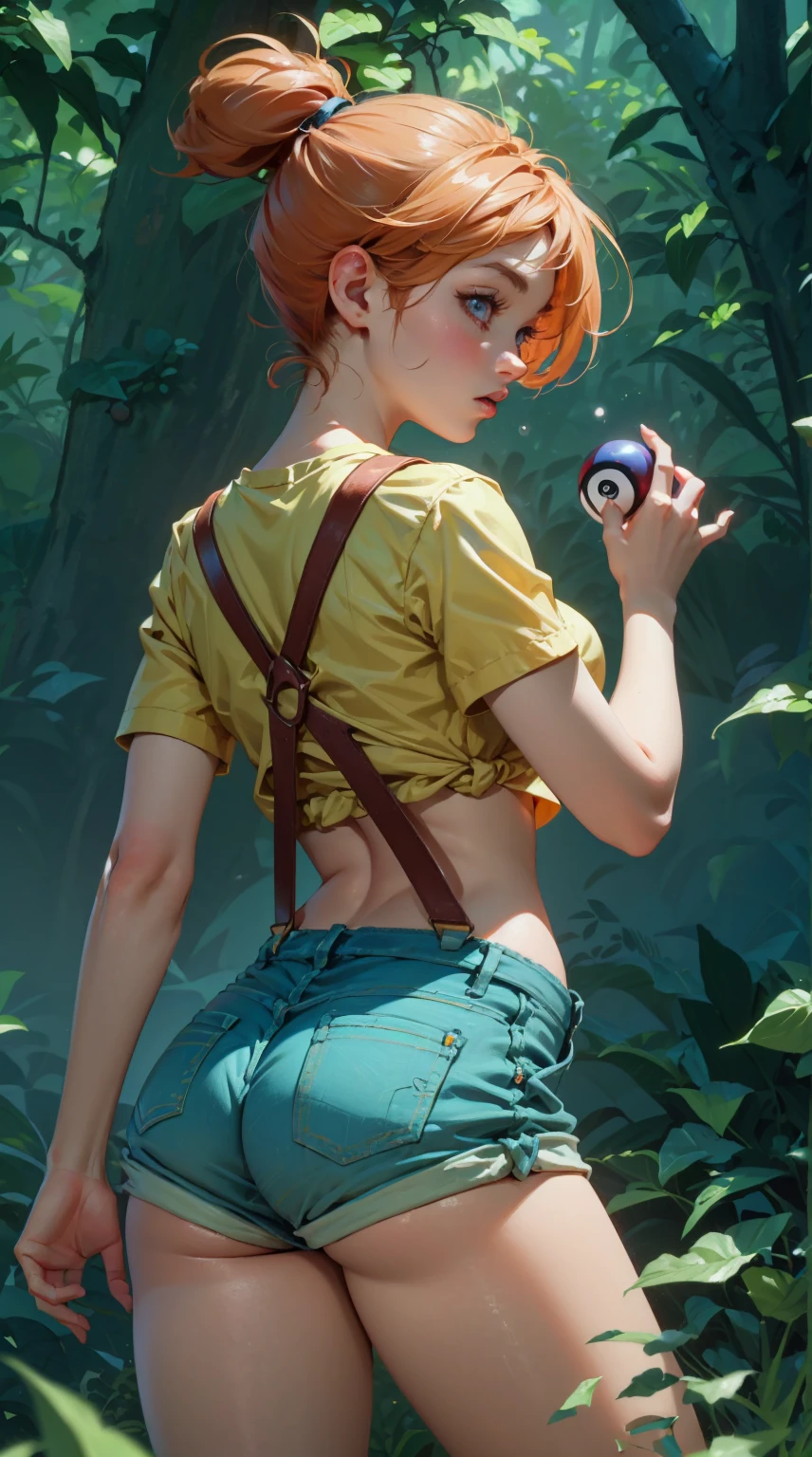 ((Misty)), (best qualityer), (great lighting), (Masterpiece artwork), (upper details), (whole body), (fully body), back shot of 1 beautiful girl, スクワッティング,  (short orange hair tied to the side), blue colored eyes, (body skinny), breasts small, big-ass, anal beads, beads in anal, small yellow shirt, (shirt too small), (red suspenders falling over the shoulder), very short denim shorts, (part of the butt visible), (pokeball) in anal,forest background, (fine strokes), cinematic, 