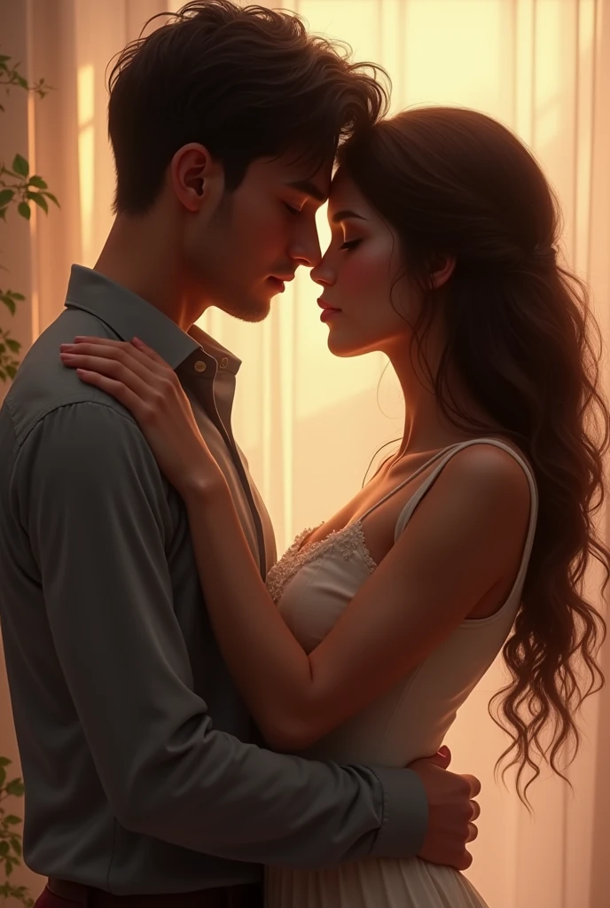Una chica de White skin y ojos grises, Long hair, black curly and big breasts, lovingly kissing her brown haired boyfriend, White skin, Brown eyes, and glasses