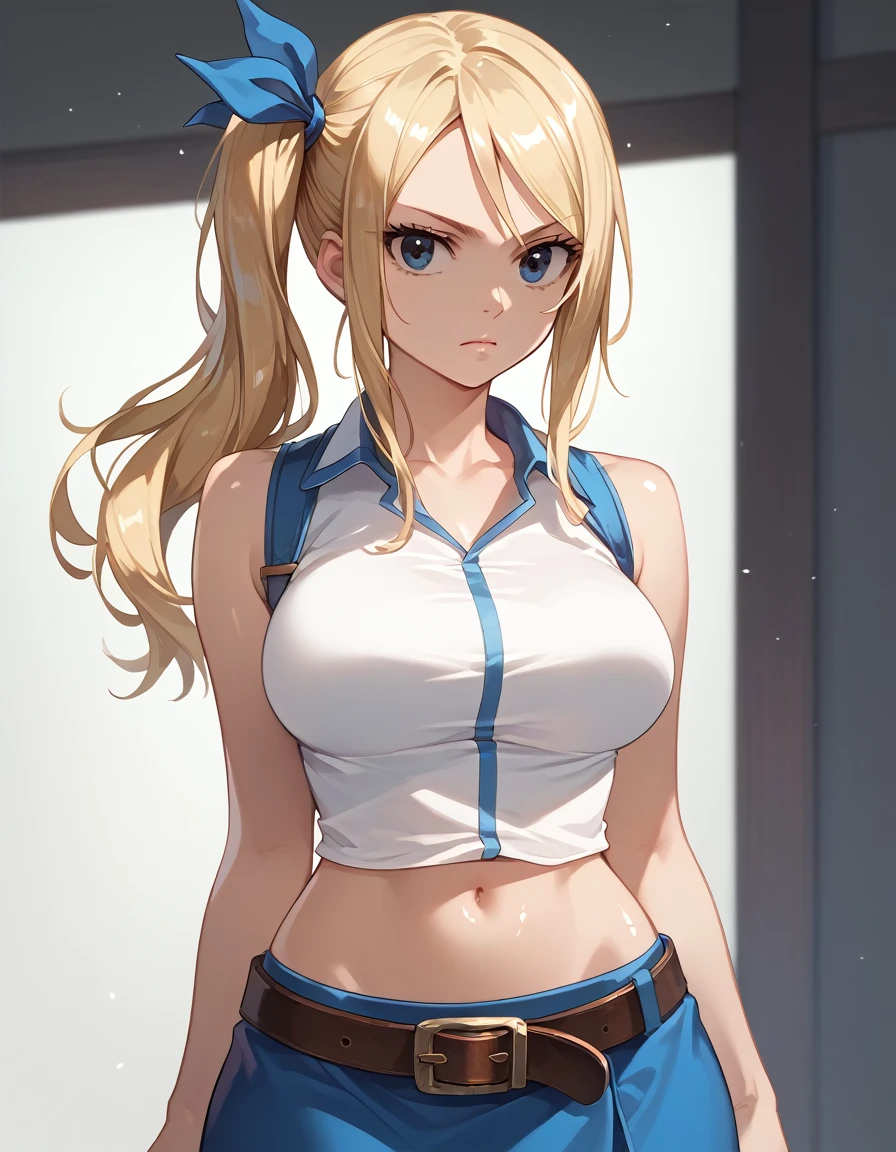 Score_9, score_8_up, score_7_up, score_6_up, source_anime, rating:general, 1girl, aaLucy, hair ribbon, side ponytail, blonde hair, long hair, large breasts, white shirt, sleeveless, belt, blue skirt,large ,downtown,shiny skin, standing , navel, wide hips,