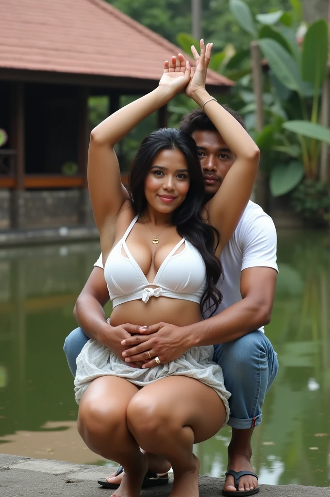 A realistic photograph showing a large, athletic Indonesian man with fair skin wearing a very short white batik sarong, carrying a beautiful young woman with fair skin on his shoulders. The weather is very rainy with strong winds and flashing lightning, causing them both to become drenched. They are holding hands and kissing then having sex