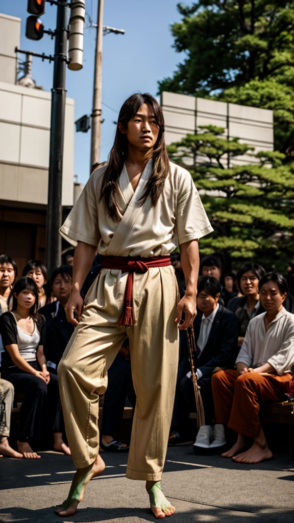 Photo quality, Ultra-Realistic, Wild and young beautiful Japanese man, Samurai, Full body image, Model body type, Long legs, Stand up on both feet, barefoot, Staring at the audience, Disheveled brown long hair, Wild trousers, band, The background is Tokyo,