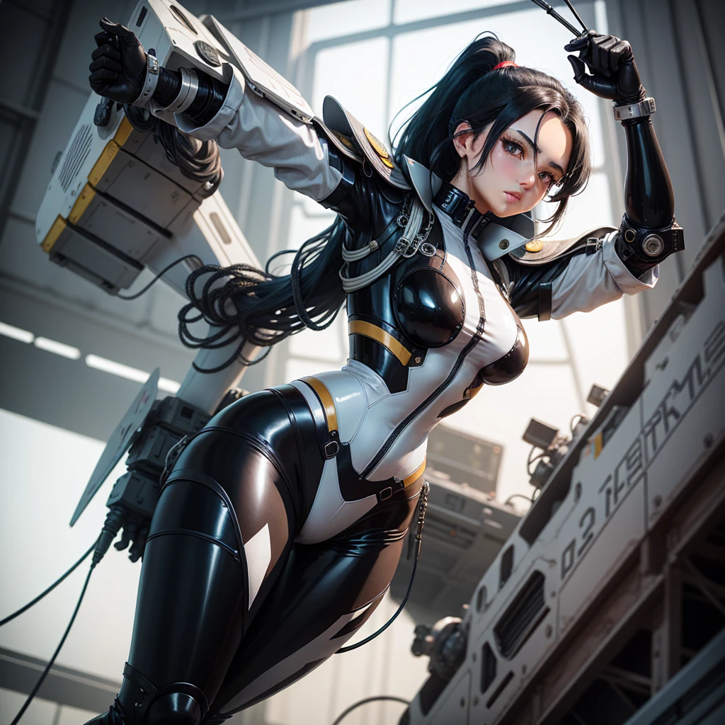 (Obra maestra), (La mejor calidad), Fotorrealismo, realista, Ultra detallado, Cara perfecta, cuerpo perfecto, 1girll, beautiful little girl, Chica con armadura roja, Mechanical Armor, exoesqueleto, estar de pie, en el espacio exterior, armada en las dos manos, pose genial, sexy, peeping from behind