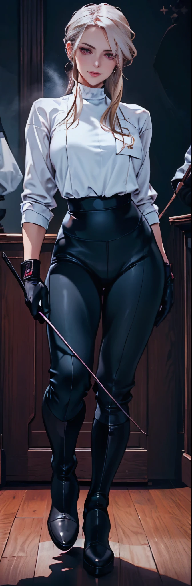 (highest resolution, distinct_image) best quality, a woman, solo, masterpiece, highly detailed, semi realistic, blonde hair, bangs, 22 years old, mature, young, tall strong, uniform, military uniform( large indoor background), cold, serious, tall, handsome, autocratic, powerful, exquisite facial features, exquisite facial features, (full body)(black knee-high boots:1.4)(dominatrix:0.3)(white Yoga pants:1.3),(gloves:1.5)(long sleeves),(active sportswear shirt),solo,1girl,(looking at viewer),(from below:0.9)(head turned upwards:0.3)(smiling:0.4)(bodysuit:0.3)(holding riding crop:1.2)(muscular:0.8)(shirt tucket in pants)(parquet flooring)(standing on floor)(pretty eyes)(staring)(yandere), shining pink iris, pretty eyes, white hair,( superior smirk, smiling:0.4),devious,commanding