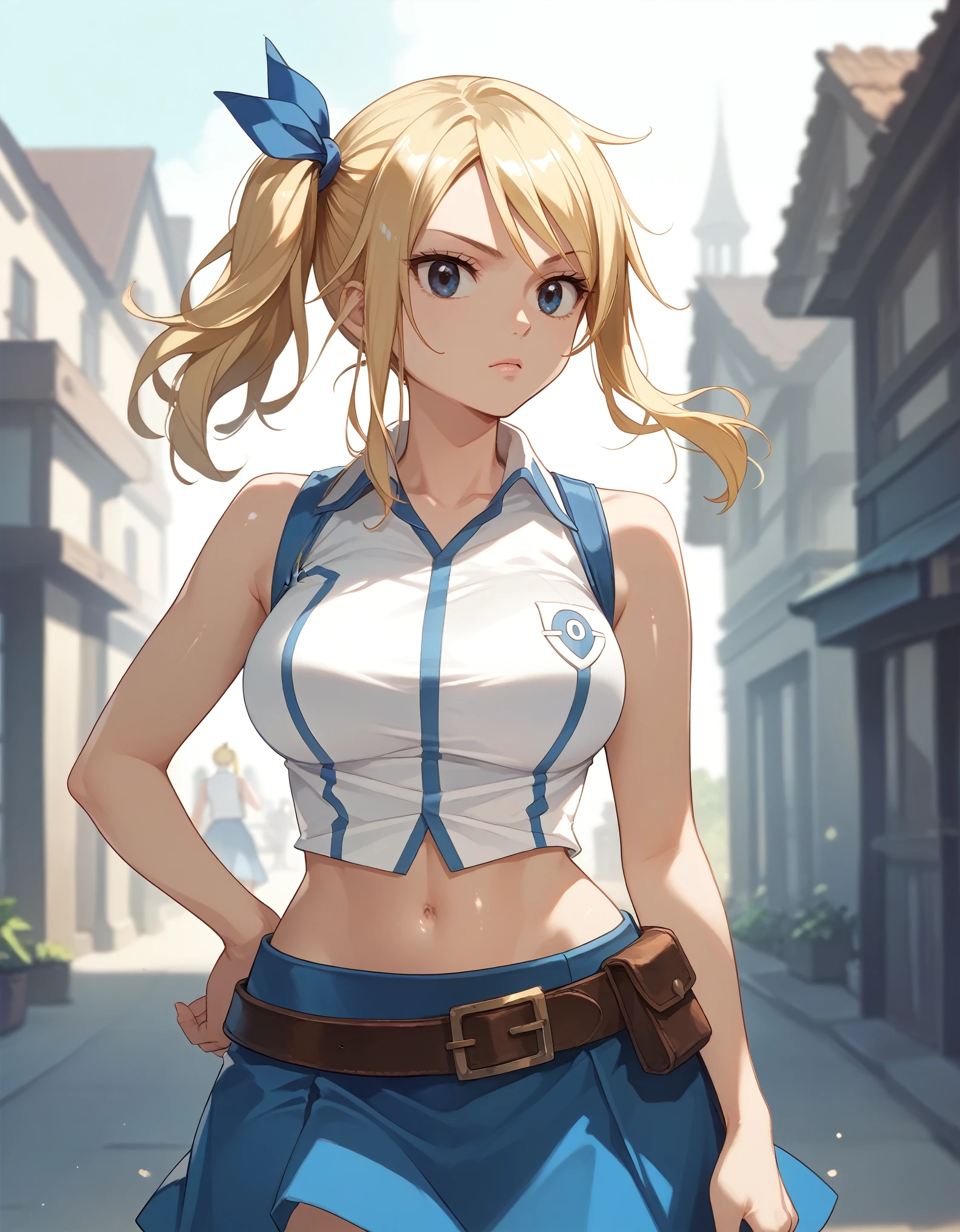 Score_9, score_8_up, score_7_up, score_6_up, source_anime, rating:general, 1girl, aaLucy, hair ribbon, side ponytail, blonde hair, long hair, large breasts, white shirt, sleeveless, belt, blue skirt,large ,downtown,shiny skin, standing , navel, wide hips,