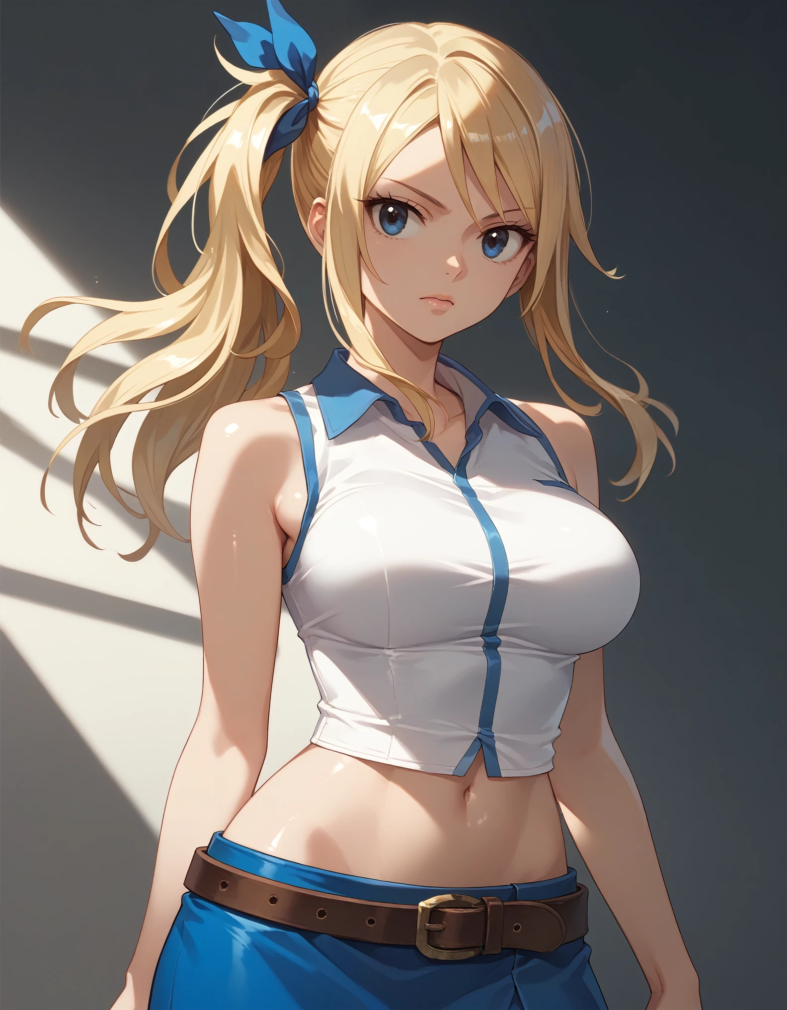 Score_9, score_8_up, score_7_up, score_6_up, source_anime, rating:general, 1girl, aaLucy, hair ribbon, side ponytail, blonde hair, long hair, large breasts, white shirt, sleeveless, belt, blue skirt,large ,downtown,shiny skin, standing , navel, wide hips,