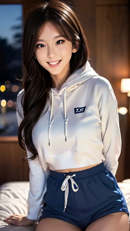 1girl, 独奏, (no makeup:1.5)、(Slender line:1.4), Slender, Wearing navy  and white oversized hoodie, house wear, short pants, Versatile poses, 2 female,  Height: 155cm, whole foot、laughter、 at night, home righting, details face, beautiful detailed eyes,  indoor, Semi-long hair, 1k apartment, in the room, (detailed background:1.2), exposed thighs!!!、A sloppy smile with teeth, looking at viewer、masterpiece, 8k, Highest quality, Anatomically correct, sit lying against the wall , knees to chest, hugging owns legs, night light, time is night,