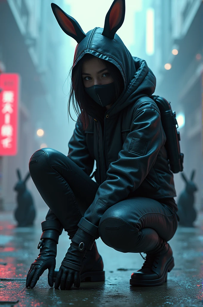 Cyber punk rabbit masked girl crouched down cool position with rabbits ...