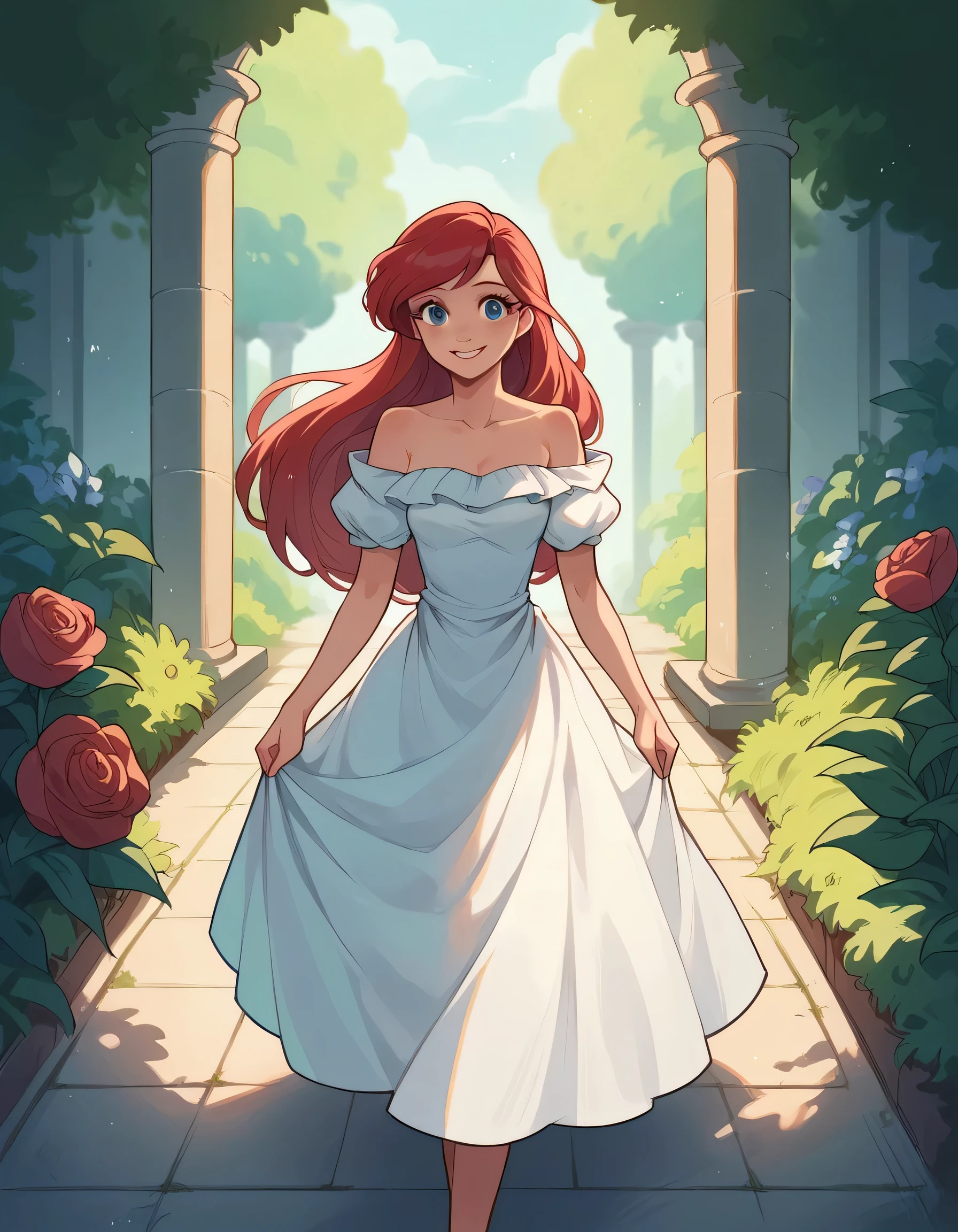 score_9_presence, score_8_up, Ariel, long red hair, blue eyes, smile, looking at viewers, walking in the garden, a white ruffle off the shoulder maxi dress, being beautiful 