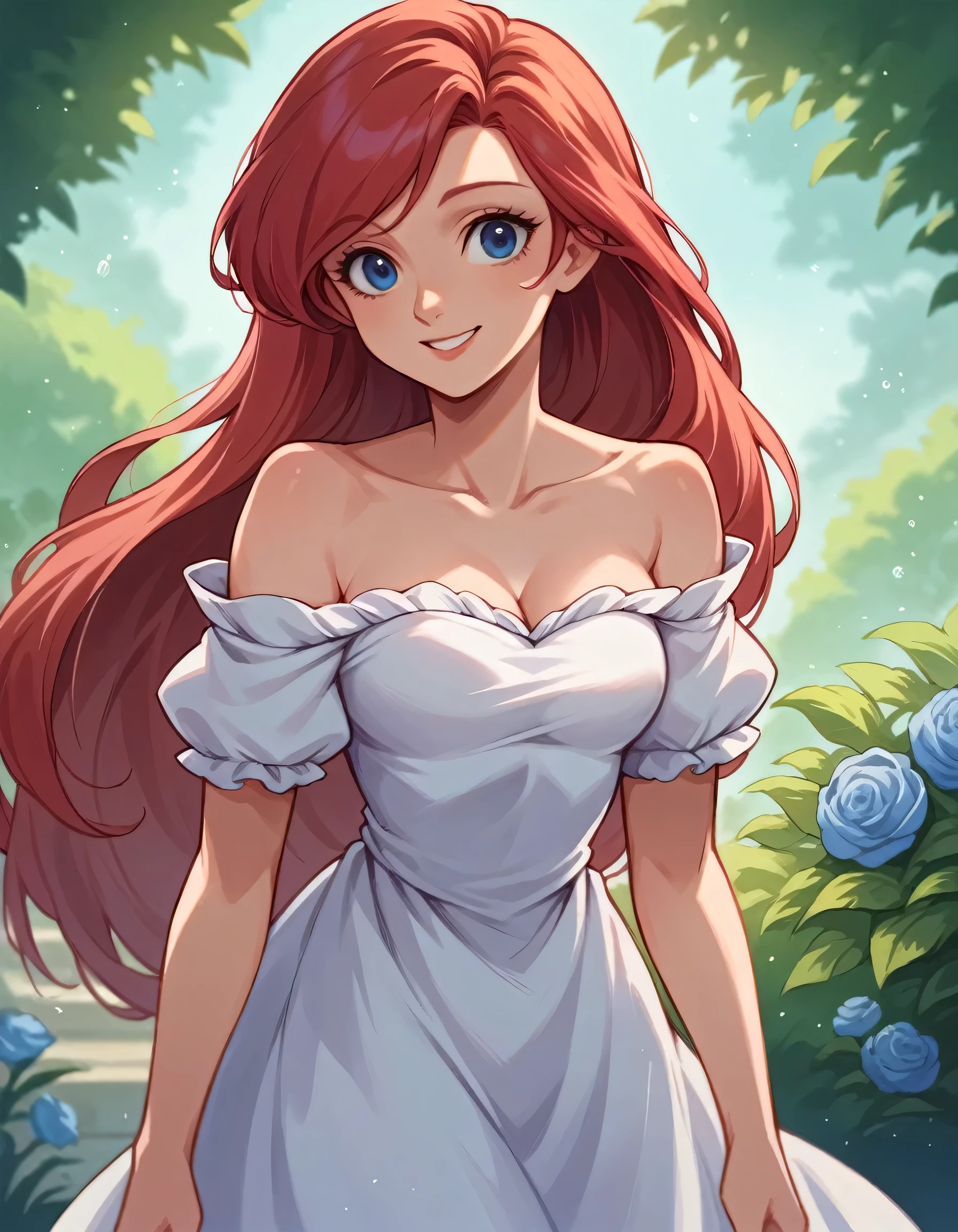 score_9_presence, score_8_up, Ariel, long red hair, blue eyes, smile, looking at viewers, walking in the garden, a white ruffle off the shoulder maxi dress, short sleeve, being beautiful, upper body