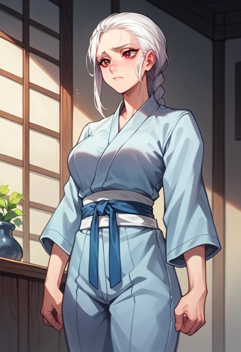 Woman, white hair, braided ponytail, light blue kimono shirt, blue karate belt, red eyes, calm and sad face, large breasts