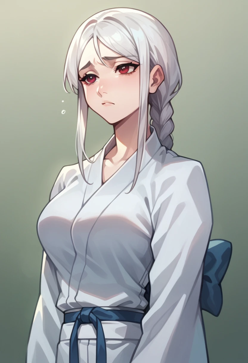 Woman, white hair, braided ponytail, light blue kimono shirt, blue karate belt, red eyes, calm and sad face, large breasts