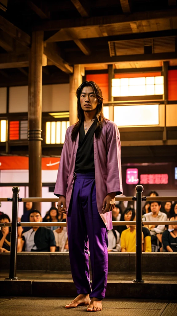 Photo quality, Ultra-Realistic, Young handsome asian man, Wild Samurai, Full body image, Model body type, Long legs, Stand up on both feet, barefoot, Staring at the audience, Disheveled brown long hair, Wild trousers, band, cyber punk, The background is Tokyo,