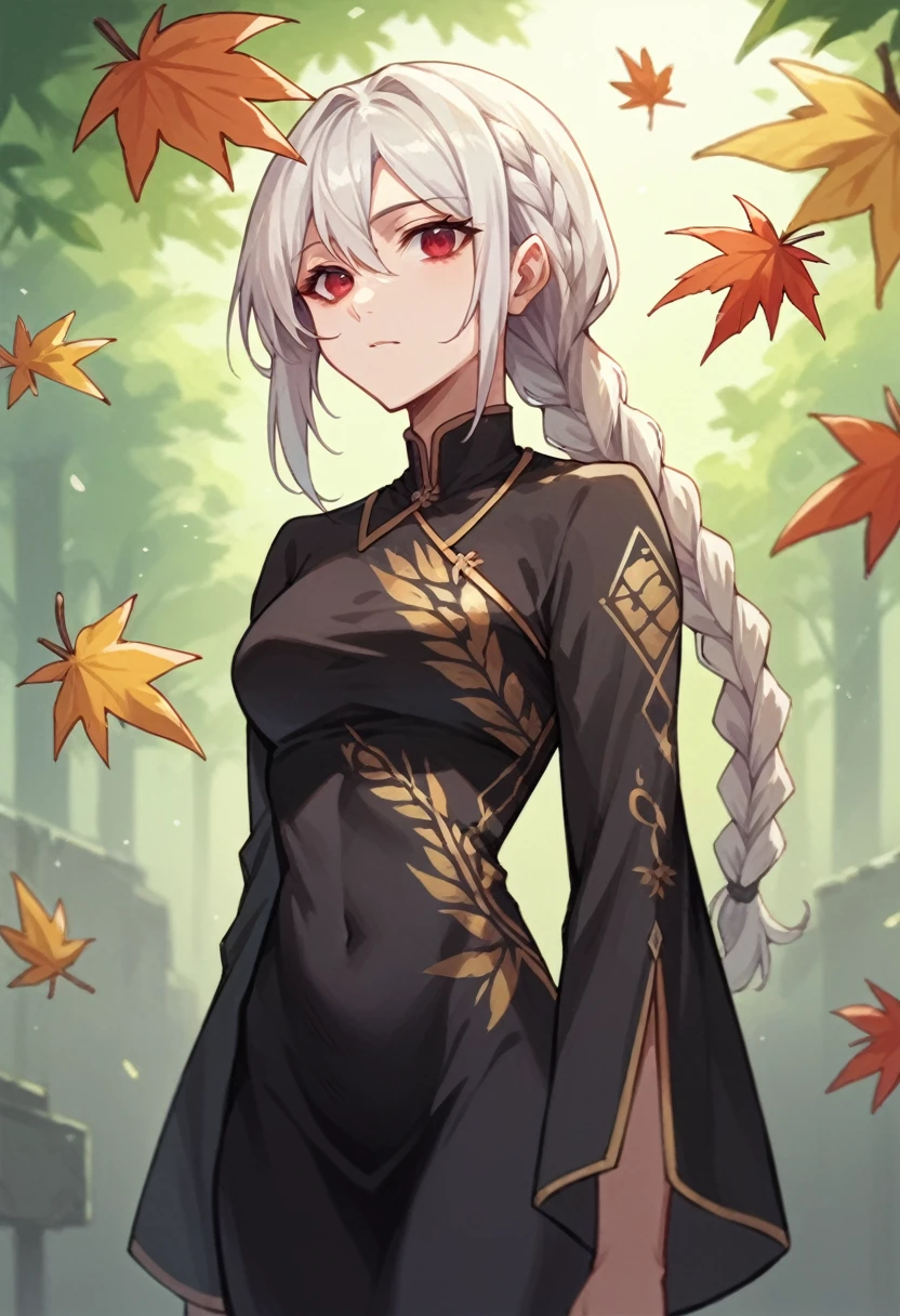 Woman, white hair, braided ponytail, Black dress with golden leaves print, Red eyes 