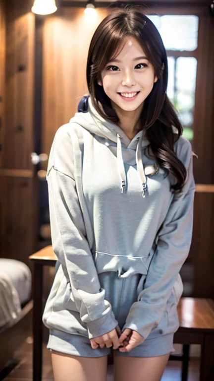 The cutest girl who works as a gravure idol、with shiny brown hair、wearing men'Large Light Gray Sweatshirt Hoodie、white panties、beautiful skin、Attractive thighs、she is full of confidence々smiled at.、Facing the camera in a professional pose。her fashion and expressions