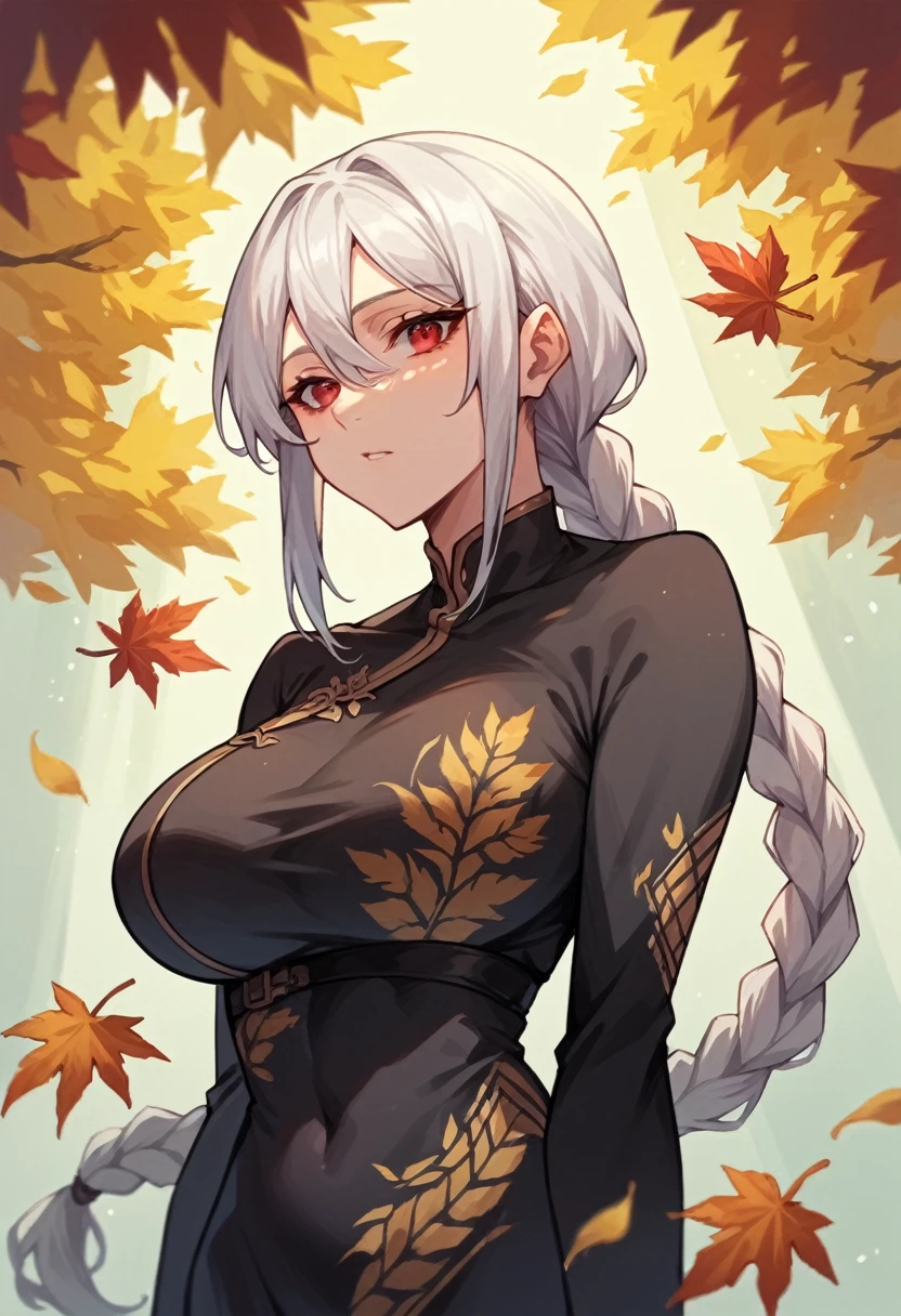 Woman, white hair, braided ponytail, Black dress with golden leaves print, Red eyes ,Big breasts 