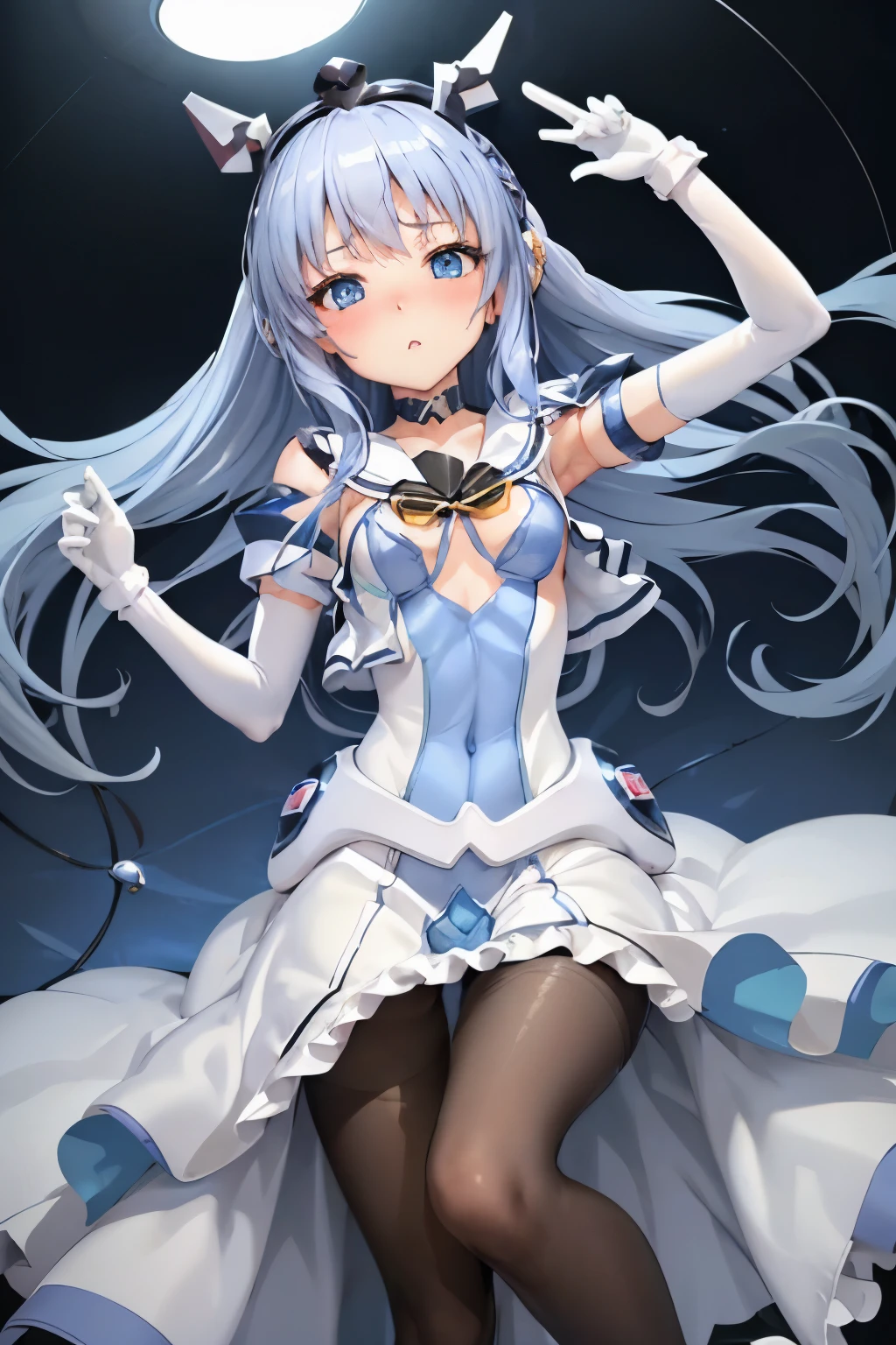 Super beautiful circus clown style sweet girl，Blue and white hazy feeling，Crazy, seductive, alluring，Long legs，Big feeling，White Silk