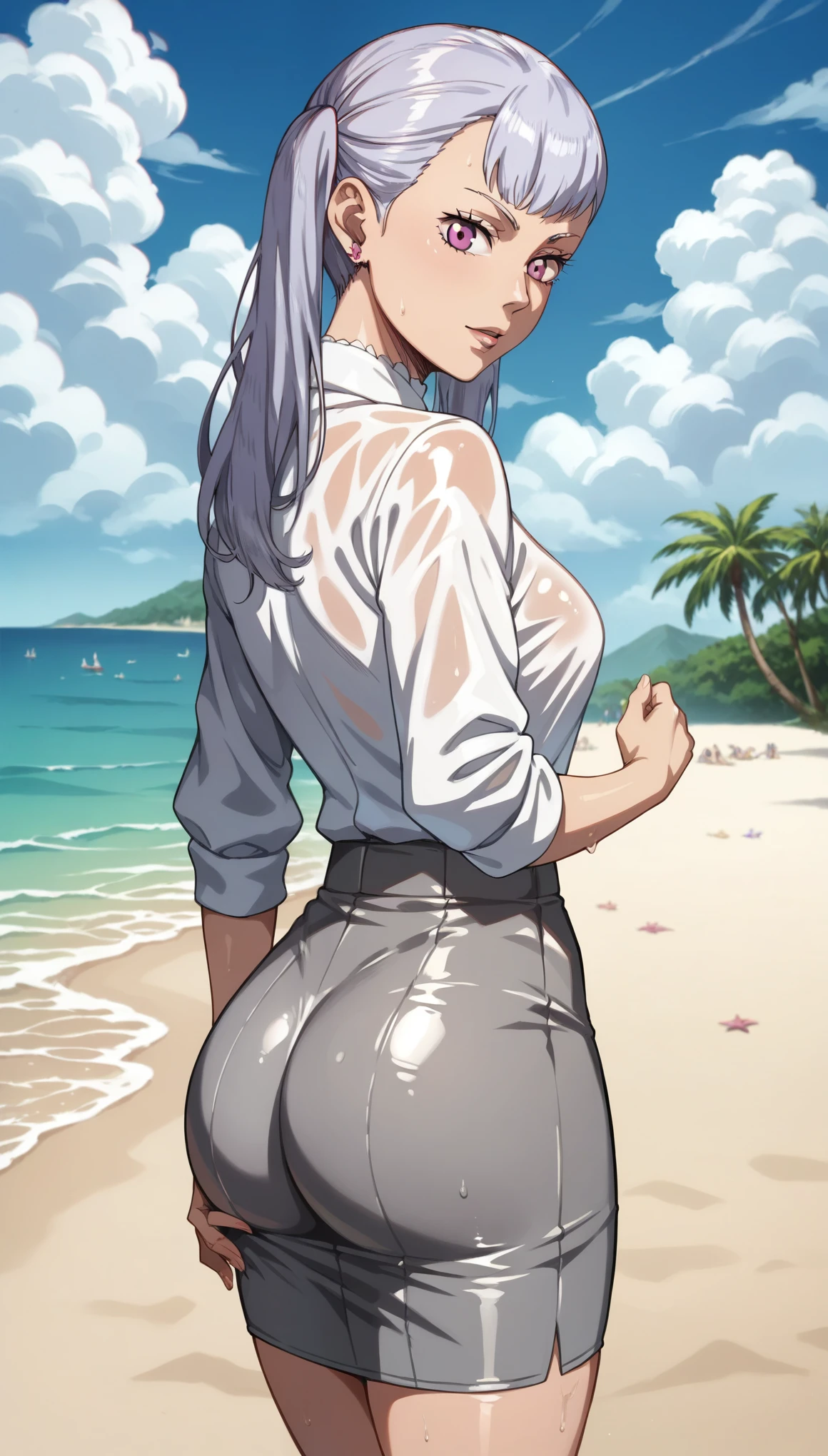 score_9, score_8_up, score_7_up, detailed face, beautiful, detailed background, masterpiece, best quality, looking at viewer, noelle, noeBB, white shirt, grey skirt, hourglass figure, on beach, cowboy shot, perfect body, oiled up, ass,