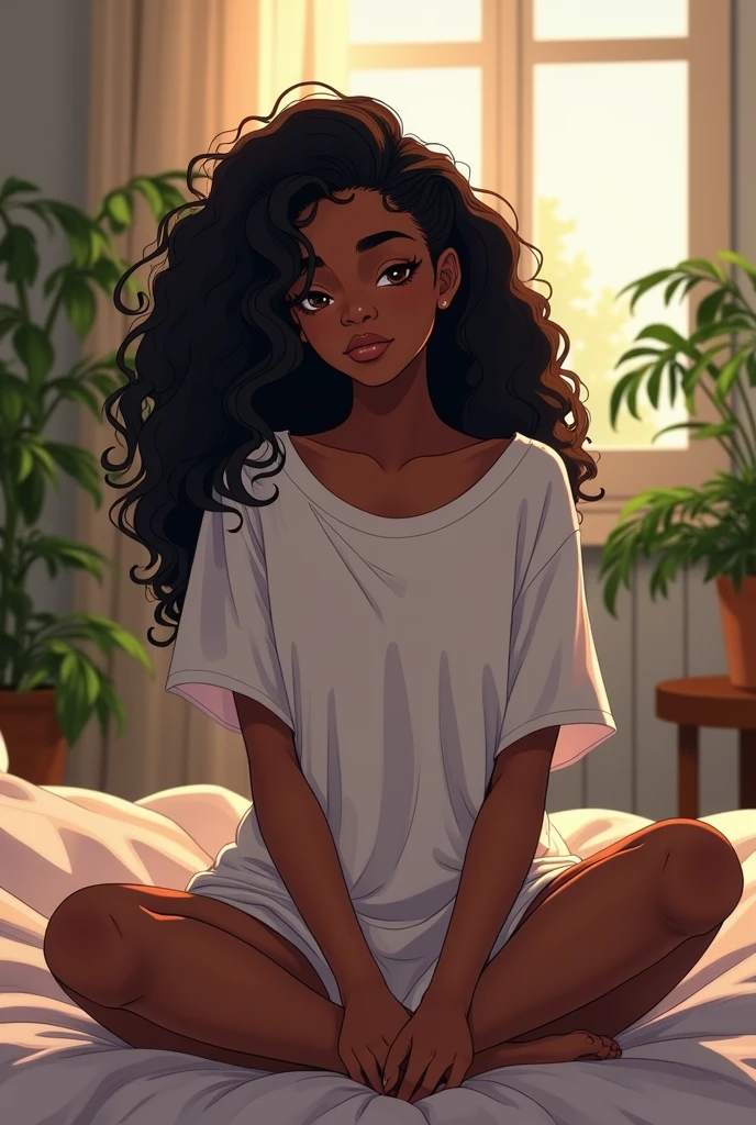 A tall african american girl with long curly hair, crop top, and shorts goes to sleep