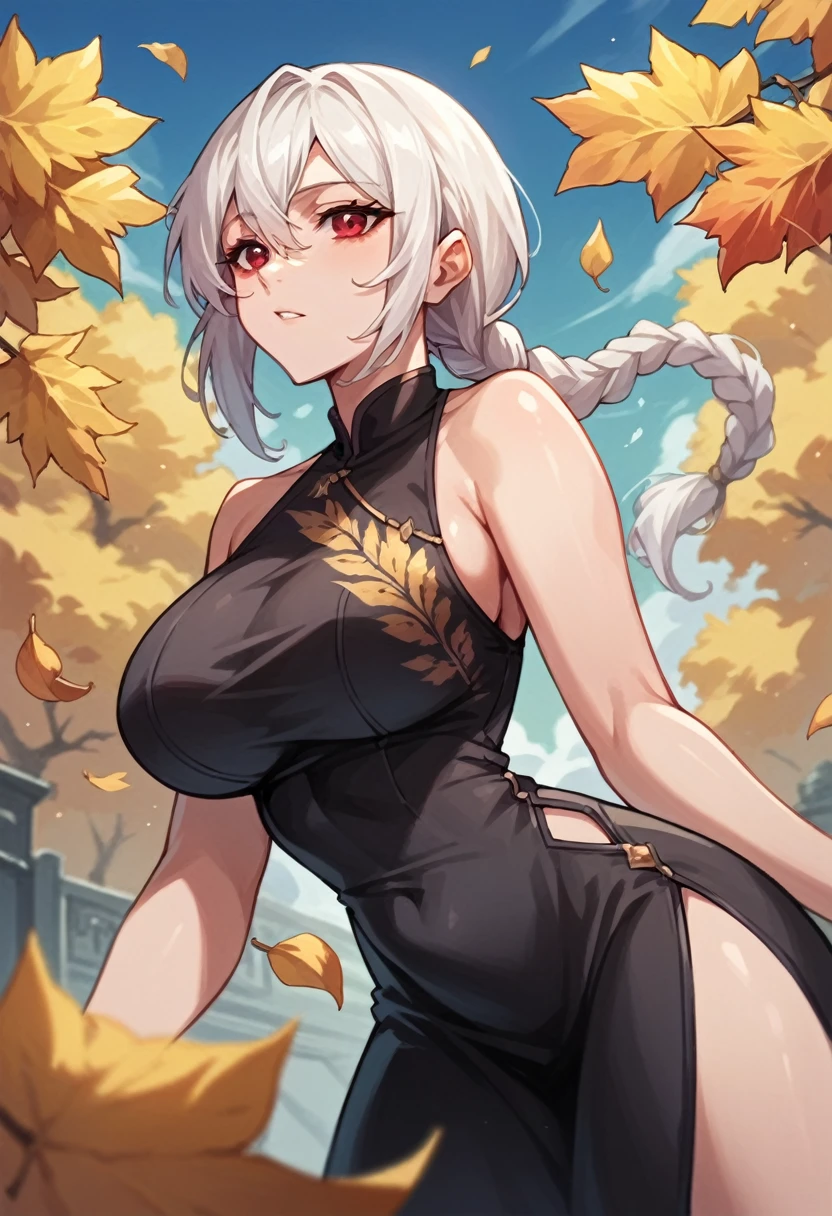 Woman, white hair, braided ponytail, Black dress with golden leaves print Neckline , Red eyes ,Big breasts 