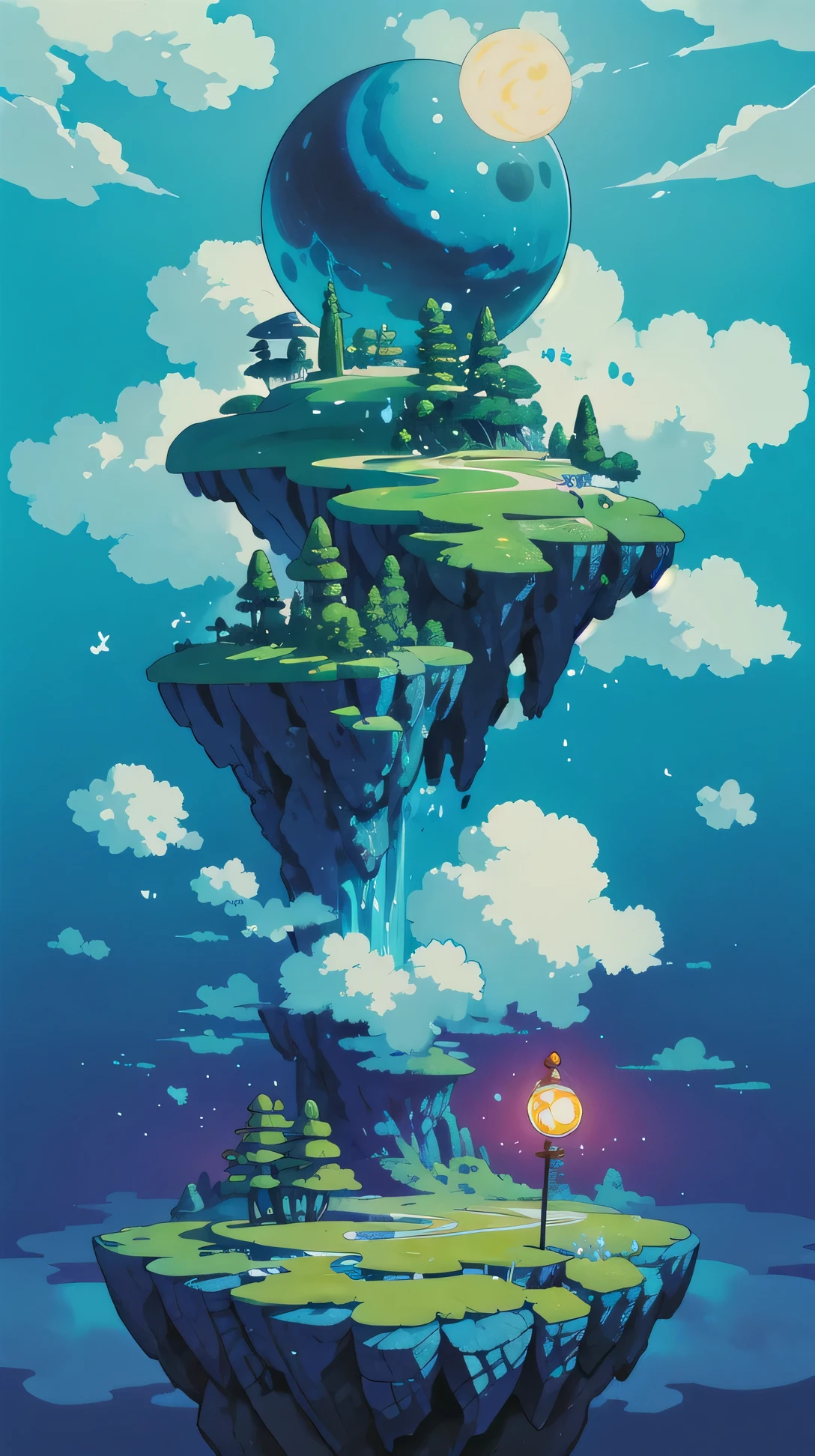 Create a richly detailed anime-style image inspired by the world of Ooo from 'Adventure Time.' The scene should depict a whimsical and fantastical landscape with a surreal, dreamlike quality. Include a vibrant and diverse terrain with floating islands, oversized and imaginative plants, and fantastical rock formations. The sky should be bright and colorful with unusual cloud shapes and possibly a glowing sun or moon. Add playful elements like floating objects. Use a palette of bold yet slightly muted colors to capture the unique, otherworldly charm of the world of Ooo. Apply a subtle black outline to the elements to enhance the anime aesthetic.