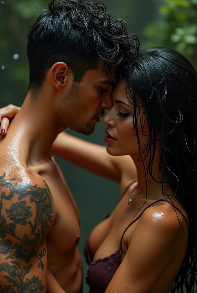 Black haired woman with black haired man tattoos piercings , they kiss