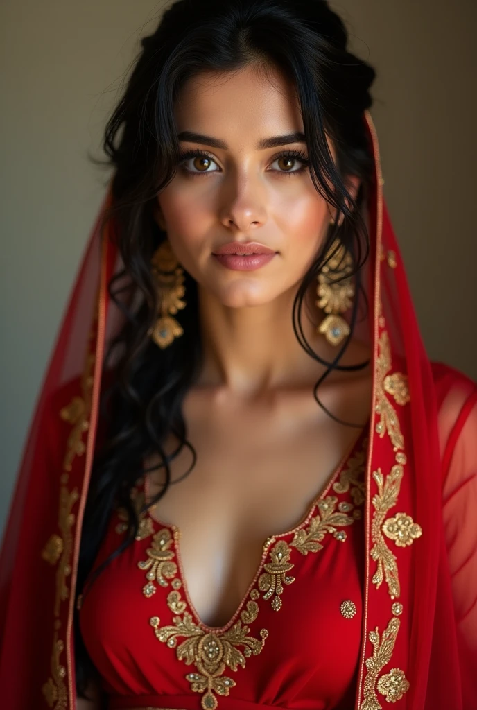 "Create an image of an Indian girl who is considered the most beautiful in the world. Her eyes should be similar to Shraddha Kapoor's—captivating and expressive. Her skin should be as radiant as Mahendra Singh Dhoni's—clear and glowing.  a stylish red coat that hangs and adds a slightly attractive effect. Her odhni should be beautiful and complement her outfit. The image should capture her from head to toe, showcasing her full beauty and style. Her bosom should appear slightly attractive and eye-catching, with the coat enhancing this effect. She should be depicted as a devoted disciple of Sant Rampal Ji Maharaj, embodying honesty and Indian grace.undresh