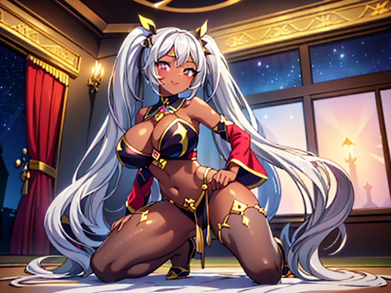 nsfw,((1girl),(petite)), ((seductive smile), (orgasm), (blush)), (dark skin,shiny skin:1.5,sweat skin:1.3), ((from below), (kneeling), (Dynamic pose)), (sketch), ( masterpiece,best quality,high-resolution,detailed fingers,detailed hands,detailed eyes,detailed legs:1.5), (heterochromia,red eye,green eye),(white and silver hair, very long hair, twin tails,shiny hair:1.3), (dancer costume,dancer,glittering decoration,adorned with jewels,belly dancer,(see through)), ((huge breasts),(beautiful breasts,curvy)), (theater,night,Starry Sky), (lactation through clothes,lactation)