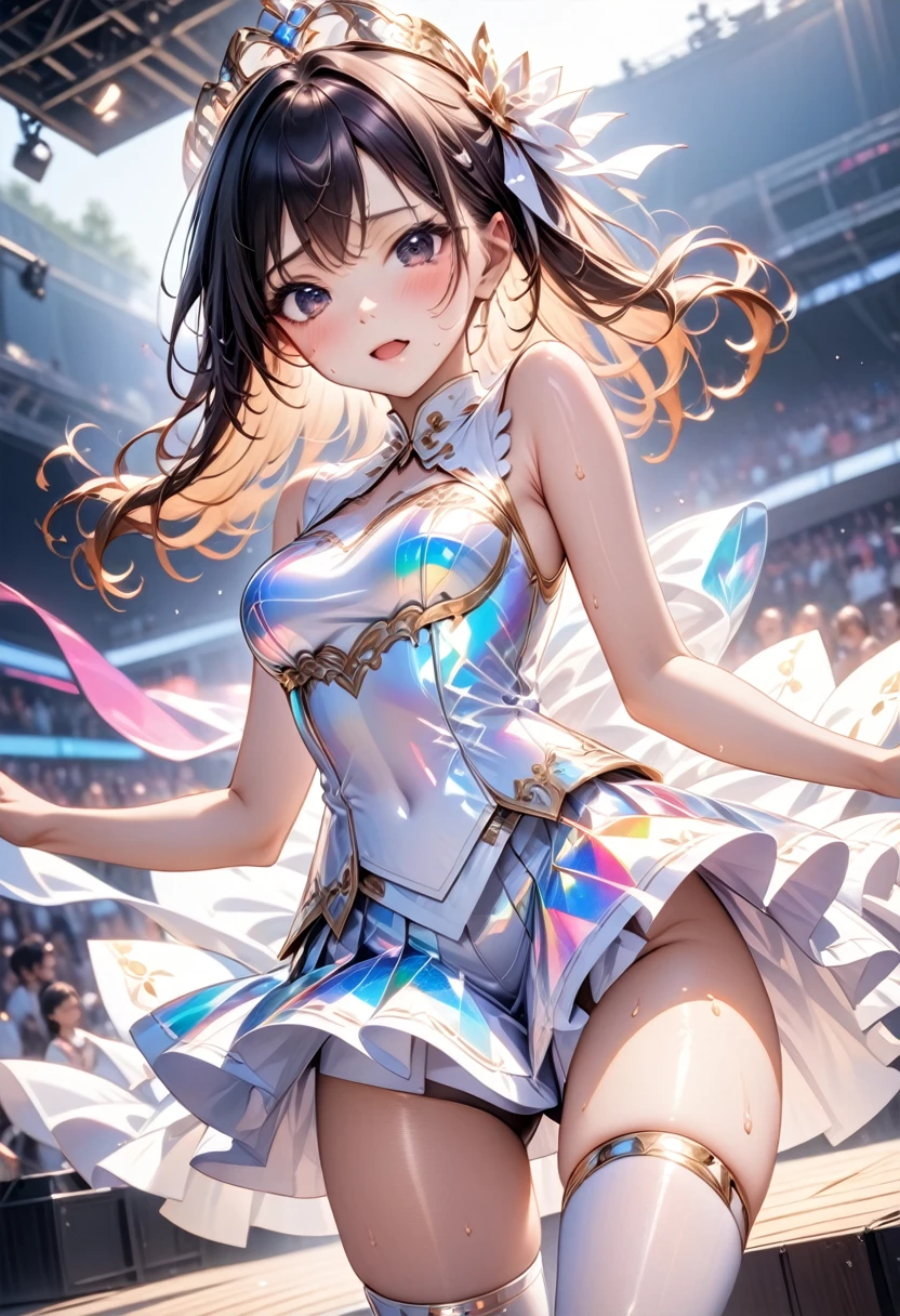 holographic fabric, (((Luxurious white Idol Uniform, skirt, Pantyhoset, stiletto heels))), ((Shiny Costumes)), ((skindentation)), skinny, solo, 1 woman, Masterpiece, highest quality, highest quality, 16K, incredibly absurd, highly detailed, 2.5D, ai-generated, delicate and dynamic, very delicate facial expressions, delicate eye depiction, erotic, only sexy woman, ((A cute and kind face)), healthy figure, ((1 woman)), 160cm tall, medium firm swaying bust, blush, Sweat,Embarrassed,sexy, ((thin thighs)), shiny and lustrous, facing straight at viewer, (((in heat))), ((Oily_skin)), ((Lots of sweat)), ((dutch angle)), ((erotic pose)), (((Dynamic Pose))), (((Outdoor Stage))), Dark hair, dark eyes, Singing with all my might, Dance vigorously,