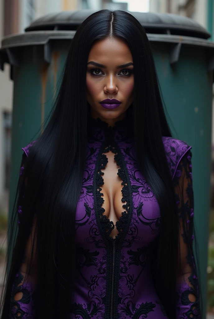 Uma mulher jovem, com a pele morena, altura mediana, cabelos pretos, hair with braids and fringes, Gothic dress, vestido preto, vestido estilo boiadeiro, wearing black hat on head, vestido com manga longa preto, bota preta, bota comprida, tem cinto preto, boca com batom roxo e sombra preta, gothic scenario.