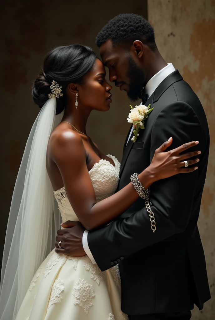 African very beautiful bride, seated in a luxurious wedding dress, holding a bouquet, her wrists bound with chains that rest heavily on her lap. Behind her stands a tall, imposing African man in a suit jacket, his presence dominating. His gaze is fixed on her, exuding control and authority. The contrast between her delicate, seated form and the powerful figure behind her creates an intense atmosphere of tension, captivity, and restrained emotion, beautiful photography