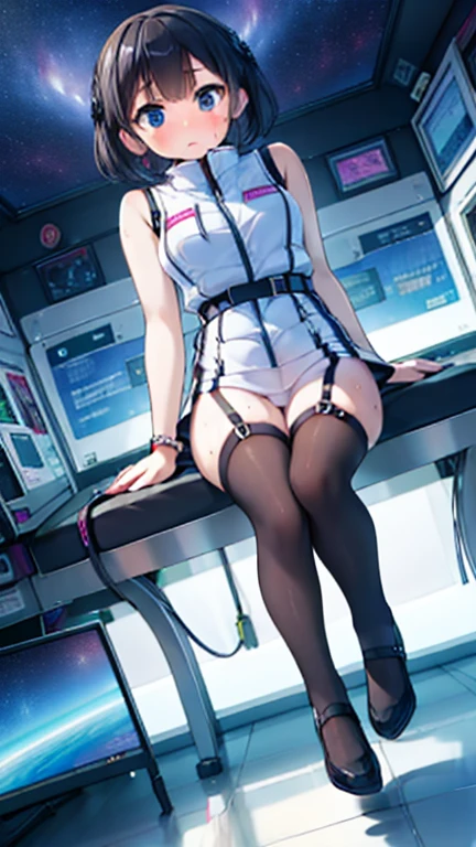 (Highest quality), (masterpiece), 1080P, High resolution, 4K, 8k, Inside the space station、Futuristic room、Thigh straps, Shooting from directly below, The woman on top of me, Nipples, 白いSweat, Covered , Sweat, Woman looking down, Micro Bikini, Skirt swimsuit, Thigh-high socks, To achieve this, 16 years old, Small breasts, whole body, Black leather shoes, Braided hair, Inner Color, Embarrassed face, Short black hair, bracelet, Bedroom,celestial body_Vest
