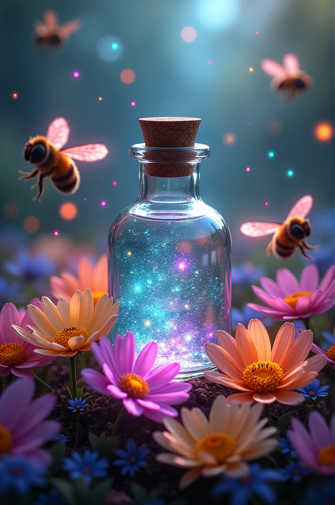 A mysterious elixir in a small medicine bottle, surrounded by colorful ...