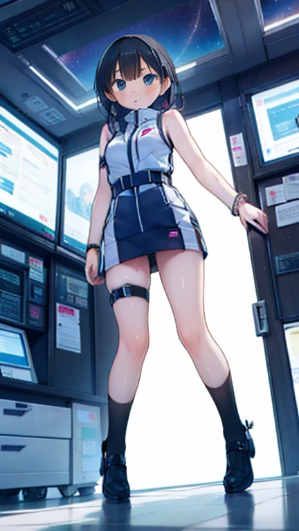 (Highest quality), (masterpiece), 1080P, High resolution, 4K, 8k, Inside the space station、Futuristic room、Thigh straps, Shooting from directly below, The woman on top of me, 白いSweat, Covered , Sweat, Woman looking down, Skirt swimsuit, Thigh-high socks, To achieve this, 16 years old, , whole body, Black leather shoes, Braided hair, Inner Color, Embarrassed face, Short black hair, bracelet, Bedroom,celestial body_Vest