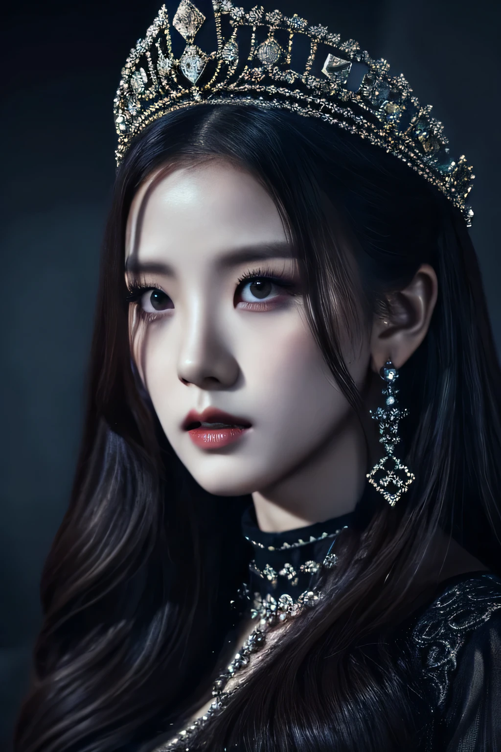 Jisoo as the queen of spades, spades crown, beautiful detailed eyes, beautiful detailed lips, extremely detailed face and portrait, long eyelashes, intricate crown, dark gothic queen, regal pose, dark fantasy, dramatic lighting, dramatic shadows, moody atmosphere, deep rich colors, cinematic composition, digital art, highly detailed, masterpiece, photorealistic, 8k