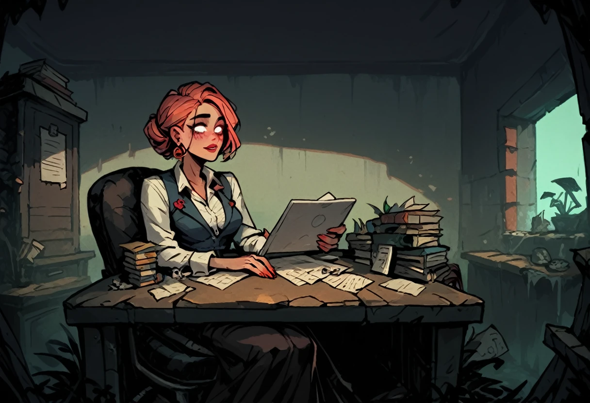 high-definition 8k comicish artwork in dgst artstyle of ruined abandoned office inside
