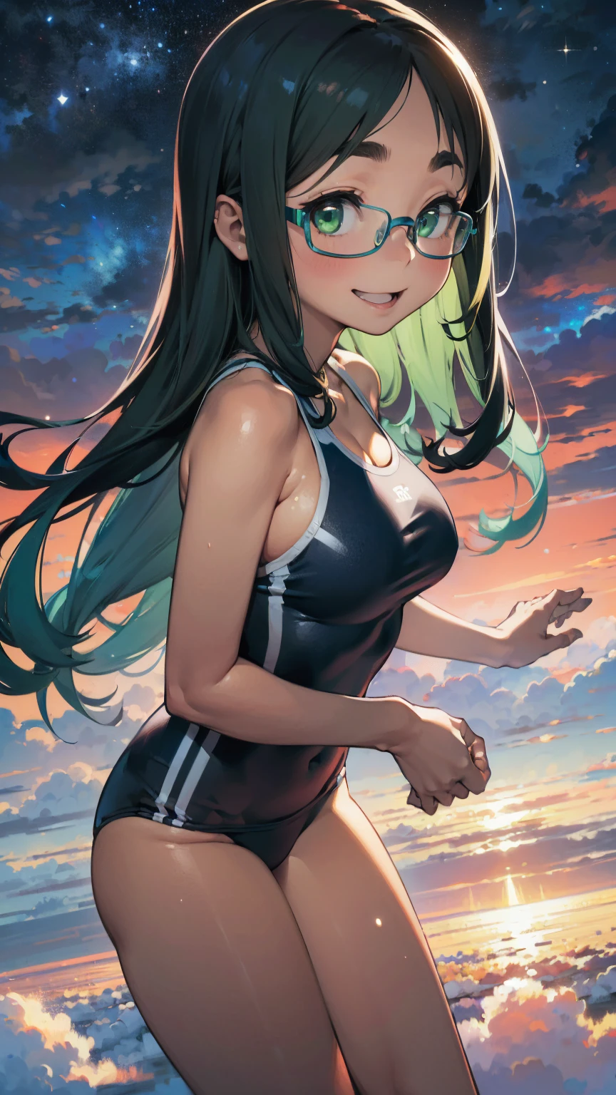 8K quality,(super masterpiece:1.3),Highest quality,Detailed Images,(((1 girl))),10th Generation,face(smile,笑face),(Droopy eyes,Green Eyes,Green Eyes,Bright Eyes),(Light blue hair,Long Hair),(Glasses,The frame is thin,小さいGlasses),(Thick eyebrows,Thick eyebrows),Body Type(Large Breasts,F cupの胸,Medium build,(Plump:0.8)),Tan Skin,posture(flight in the cloud,sky diving,fly in the sky,flying above clouds),(Navy blue school swimsuit),background(stratosphere,universe,Earth,High enough to see the ground),(faceはカメラに対して正面を向く,Looking at the viewer from the front,looking at the camera,The body faces the viewer,The body is facing the direction of the camera,faceはカメラを真っ直ぐ見る).