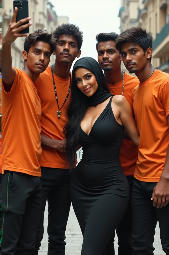 (Best Quality, 2k, Masterpiece, QHD: 1.3, A Handsome short haired african barbarian   man is surrounded by three women up against him touching him and gaze at him, at a mansion, wearing Tracksuits that show off body, perfect bodies, women: long flowing hair, flowers in hair, seductive, materials, golden hour, , jewelry, golden hour, photorealistic, masterpiece, in love, small grin, perfect faces, Flirtatious-groping 