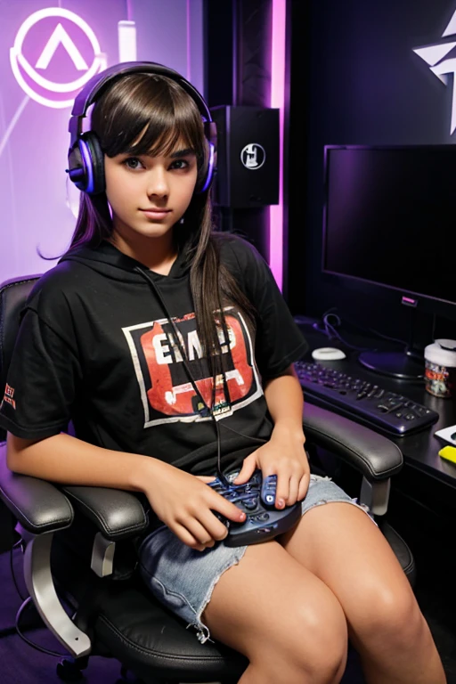 Girl on the chair wearing headphones watching computer and listening to music，The screen displays CHMM MUSIC 