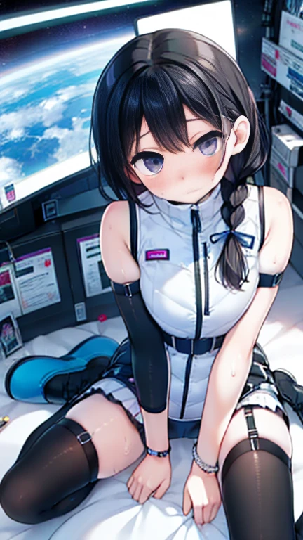 (Highest quality), (masterpiece), 1080P, High resolution, 4K, 8k, Inside the space station、Futuristic room、Thigh straps, Shooting from directly below, The woman on top of me, 白いSweat, Covered , Sweat, Woman looking down, Skirt swimsuit, Thigh-high socks, To achieve this, , , whole body, Black leather shoes, Braided hair, Inner Color, Embarrassed face, Short black hair, bracelet, Bedroom,celestial body_Vest