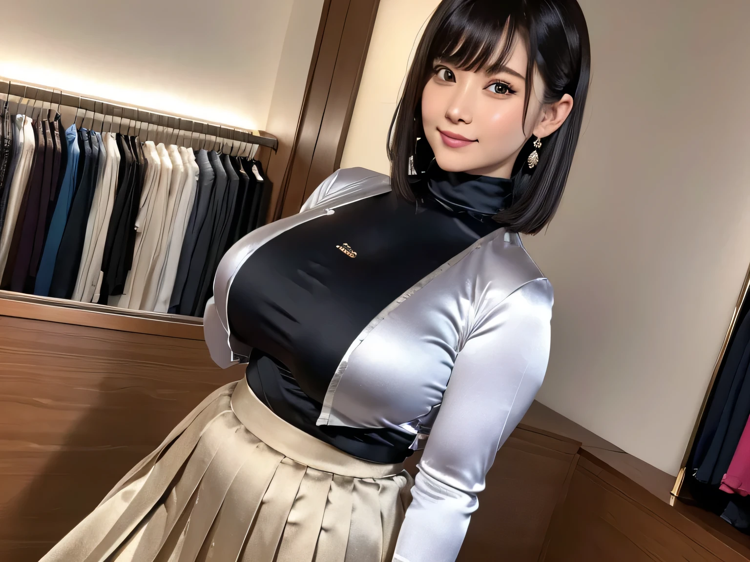 (8k, Highest quality, Ultra HD,masterpiece: 1.2)Wearing a metallic turtleneck satin shirt with a strong sheen of silk satin:1.8,She is wearing a metallic long pleated skirt:1.8,,gigantic breasts:1.8,Plump,Chubby,smile,bigbody,Very fat,blunt bangs:1.3,Hair tucked behind ear,wearing big earrings,Photo of satin in a clothing store:1.5,Long pleated satin skirt:1.8,satin long coat:1.8,Turned Pose,Ass to the camera