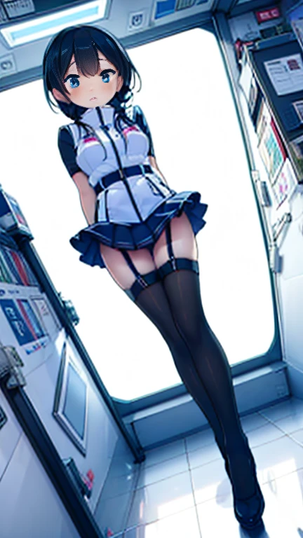 (Highest quality), (masterpiece), 1080P, High resolution, 4K, 8k, Inside the space station、Futuristic room、Thigh straps, Shooting from directly below, The woman on top of me, 白いSweat, Covered , Sweat, Woman looking down, Skirt swimsuit, Thigh-high socks, To achieve this, , , whole body, Black leather shoes, Braided hair, Inner Color, Embarrassed face, Short black hair, bracelet, Bedroom,celestial body_Vest