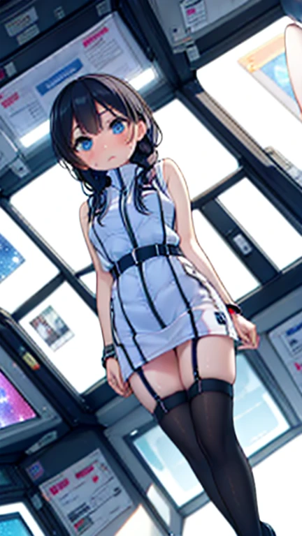 (Highest quality), (masterpiece), 1080P, High resolution, 4K, 8k, Inside the space station、Futuristic room、Thigh straps, Shooting from directly below, The woman on top of me, Nipples, 白いSweat, Covered , Sweat, Woman looking down, Skirt swimsuit, Thigh-high socks, To achieve this, , , whole body, Black leather shoes, Braided hair, Inner Color, Embarrassed face, Short black hair, bracelet, Bedroom,celestial body_Vest