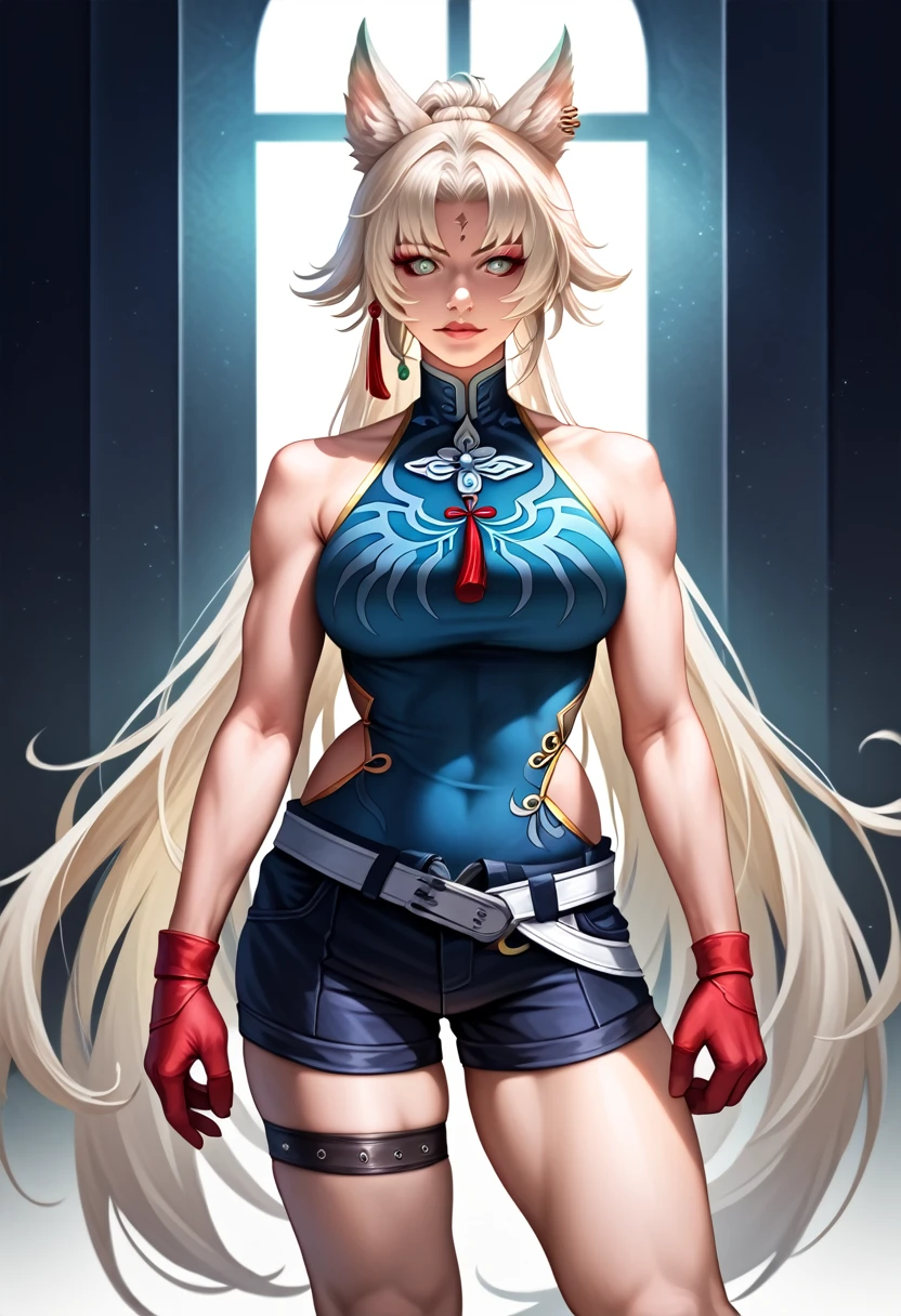 a beautiful anime girl, detailed face, blonde hair, blueSolo,1woman,view from front,  SH_HSR_Feixiao,25 yo extremely muscular woman, flawless perfectly trained body, zero body fat, mighty and hypermuscular professional female bodybuilder, dominant woman, great muscle definition,  FeiDefault, animal ears, long hair, ponytail, multicolored hair, white hair, red eyeliner, ringed eyes, forehead mark, ear piercing, tassel hair ornament, tassel earring, sleeveless shirt, print shirt, brooch, blue shirt, chinese clothes, high collar, bare arms, red gloves, fingerless gloves, white belt, waist cape, black shorts, thigh strap, knee boots eyes, long flowing hair, white background, realistic full body portrait, extremely detailed, high quality, cinematic lighting, photorealistic, hyper detailed, detailed facial features, detailed eyes, oversize t-shirt,shorts, detailed lips, detailed nose, long eyelashes, flawless skin, large breasts, delicate features, elegant pose, dramatic lighting, vibrant colors, intricate details, masterpiece, (best quality,4k,8k,highres,masterpiece:1.2),ultra-detailed,(realistic,photorealistic,photo-realistic:1.37)