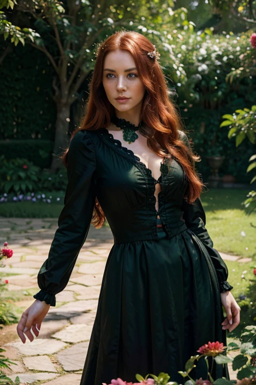 Penelope Featherington from the Bridgerton series agitated with sword in hand, the torn green dress, dirty and broken down to the legs. He has white skin and a bleeding hand, blue eyes, beautiful pink lips, full and curvy body, orange hair short to the ears and is 1.55 