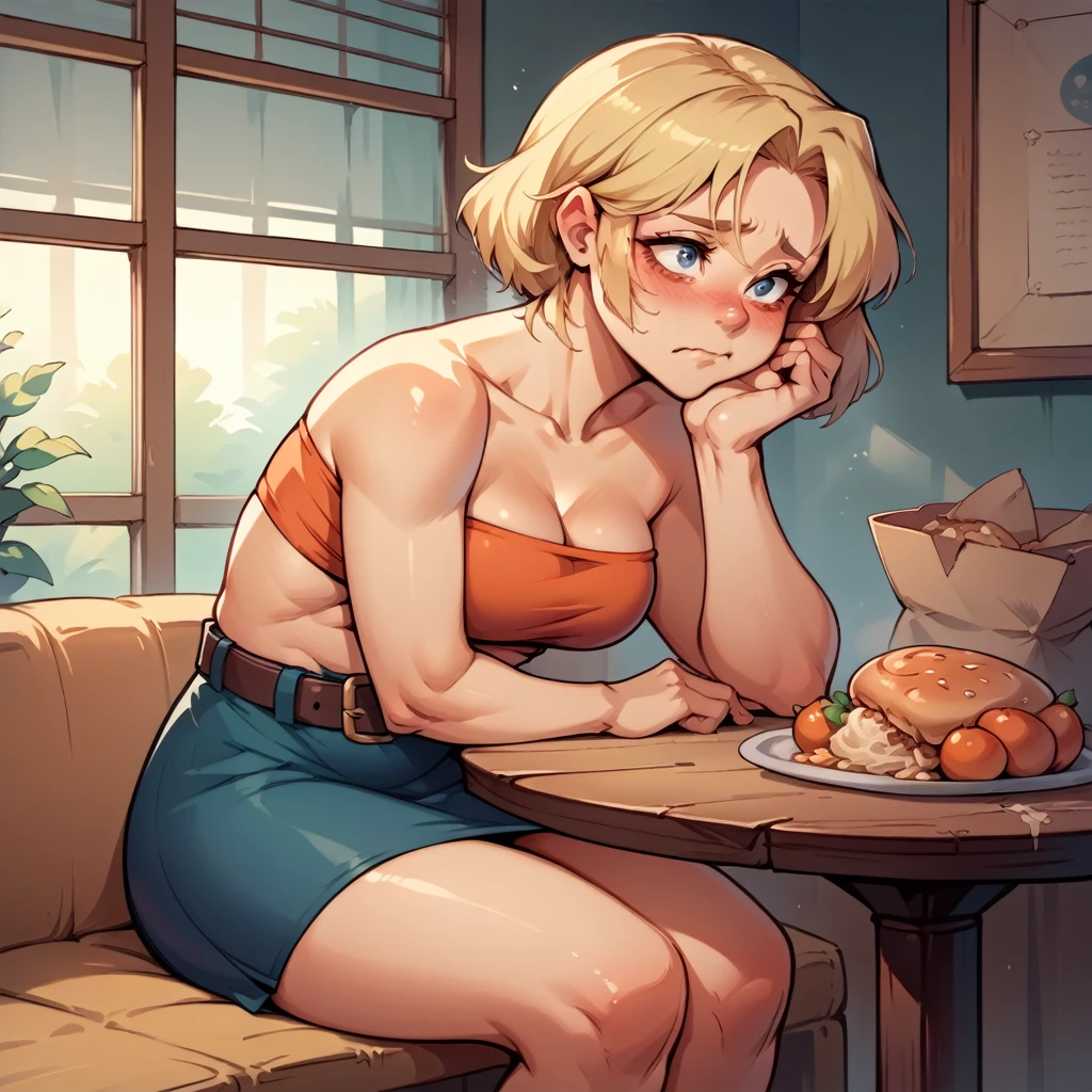 One woman with no legs, all belly, shy emotions, bloated torso, stringy blonde hair, sitting at a table, eated food in foreground, wearing a tube top and skirt, original style, in the style of beltpop