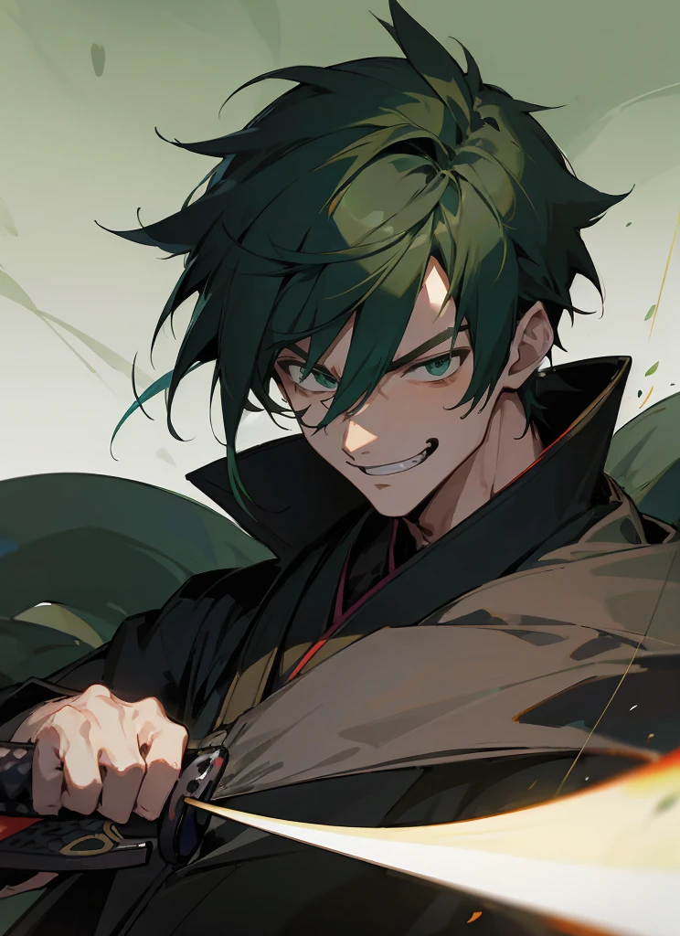 1 , handsome fashion hair,black and green hair highlightgreen, fanstasy, smile face, male ,fantasy, reaper, samurai with blackshortsword, villian face, yukata , darkness wolrd, 24 yearold, katana, japan, shogun