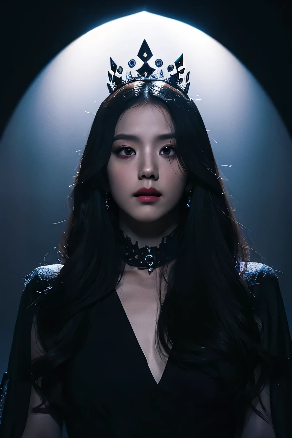 Jisoo, queen of spades, spades crown, spade symbol, 1girl, beautiful detailed eyes, beautiful detailed lips, extremely detailed face and eyes, long eyelashes, elegant, confident, mysterious, dark fantasy, dark gothic, dramatic lighting, dramatic shadows, dark moody atmosphere, dark color palette, deep black, dark purple, deep blue, chiaroscuro, cinematic, dramatic pose, dynamic composition