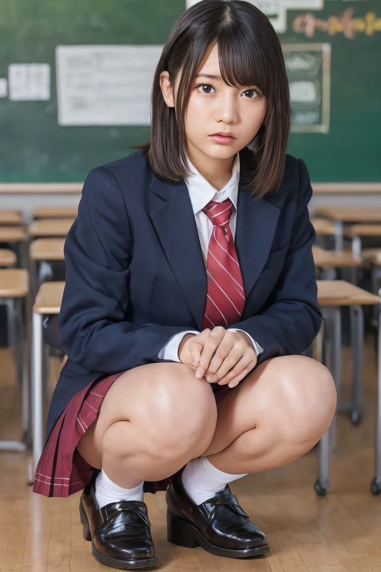 Highest quality,Ultra-high resolution,high school girl,1 person,whole body,Black Hair, A serious expression,Looking into the camera,Beautiful Skin,High School Uniform, tie,Low chest,Small breasts,Check skirt,White panties,thigh,after school,classroom,Squatting with legs wide apart